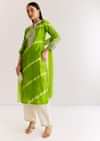 Green Silk Leheriya Kurta Set With Moti Work