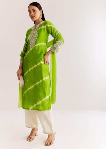 Green Silk Leheriya Kurta Set With Moti Work