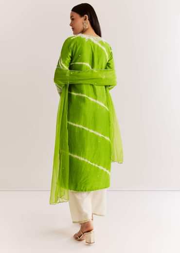 Green Silk Leheriya Kurta Set With Moti Work