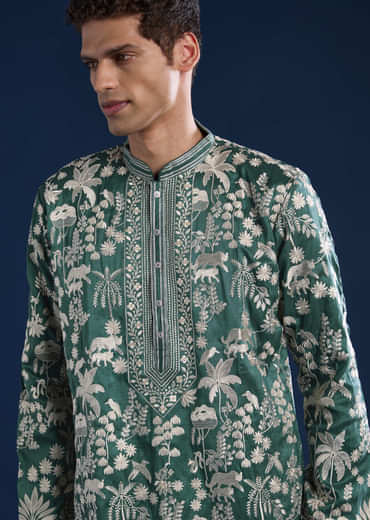 Green Silk Mirror Embellished Mens Kurta and Pant Set
