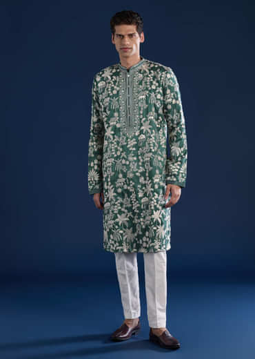Green Silk Mirror Embellished Mens Kurta and Pant Set