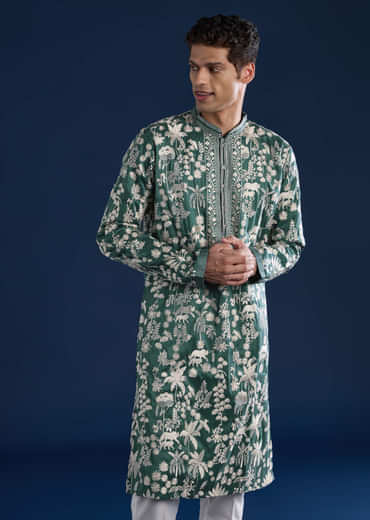 Green Silk Mirror Embellished Mens Kurta and Pant Set