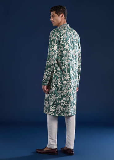 Green Silk Mirror Embellished Mens Kurta and Pant Set
