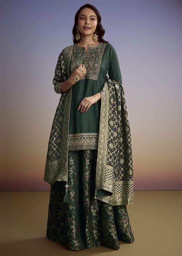 Green Silk Palazzo Suit With Heavy Embroidery