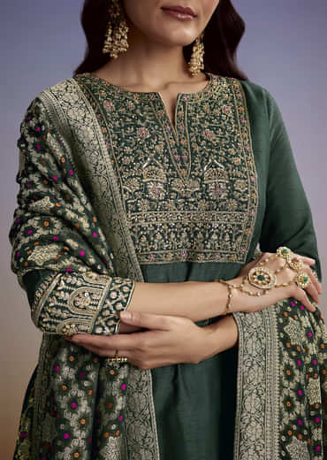 Green Silk Palazzo Suit With Heavy Embroidery
