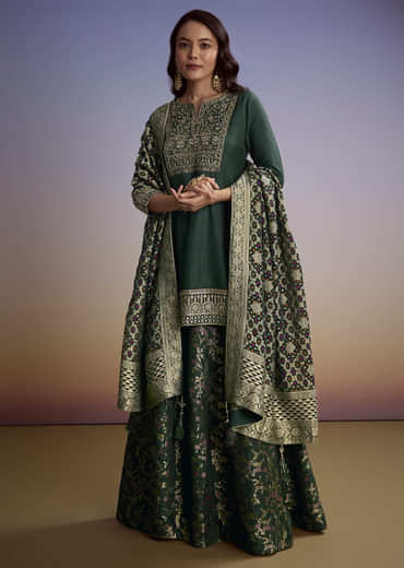 Green Silk Palazzo Suit With Heavy Embroidery