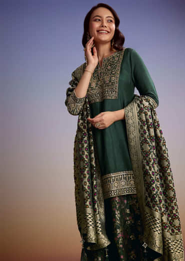 Green Silk Palazzo Suit With Heavy Embroidery