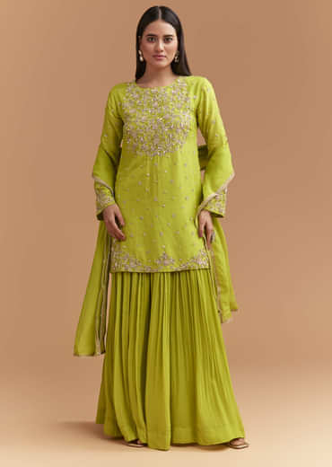 Green Silk Palazzo Suit With Sequins And Cutdana Work
