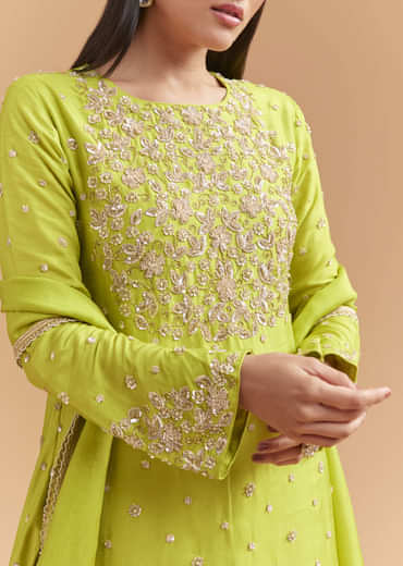 Green Silk Palazzo Suit With Sequins And Cutdana Work