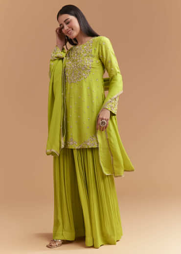 Green Silk Palazzo Suit With Sequins And Cutdana Work