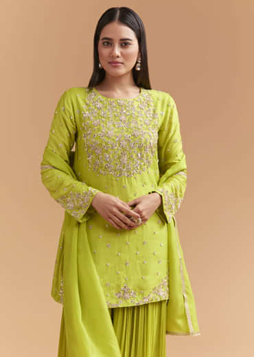 Green Silk Palazzo Suit With Sequins And Cutdana Work