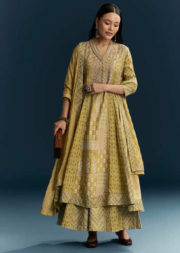 Green Silk Printed Anarkali Suit With Resham Work