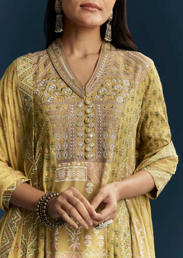 Green Silk Printed Anarkali Suit With Resham Work