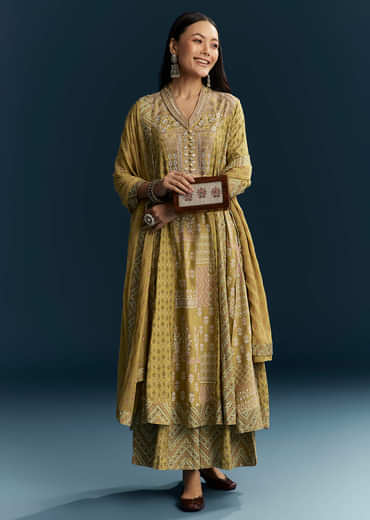 Green Silk Printed Anarkali Suit With Resham Work