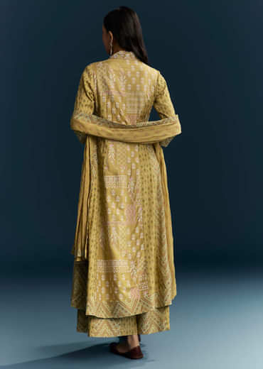 Green Silk Printed Anarkali Suit With Resham Work