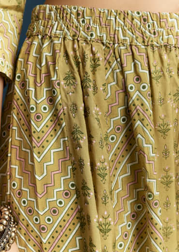 Green Silk Printed Anarkali Suit With Resham Work