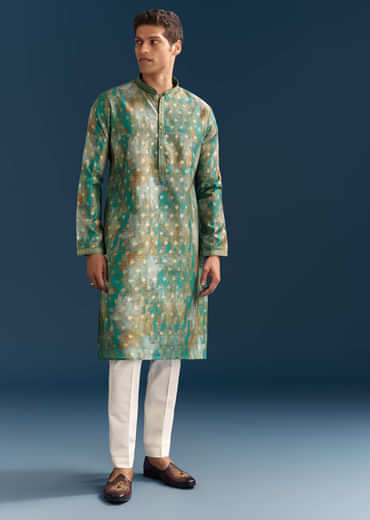 Green Silk Printed Kurta Set For Men With Foil Butti Embroidery