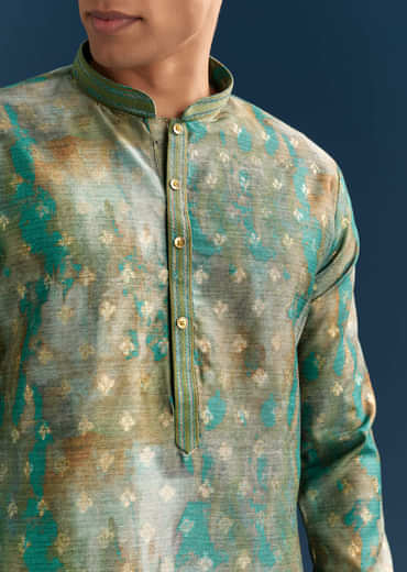 Green Silk Printed Kurta Set For Men With Foil Butti Embroidery