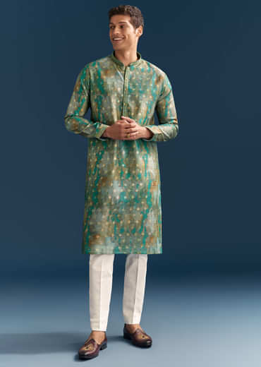 Green Silk Printed Kurta Set For Men With Foil Butti Embroidery