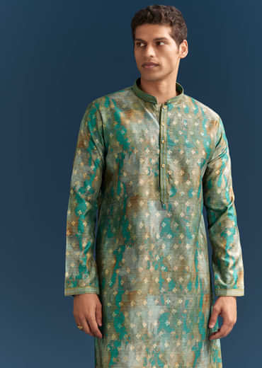 Green Silk Printed Kurta Set For Men With Foil Butti Embroidery