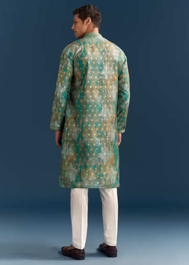 Green Silk Printed Kurta Set For Men With Foil Butti Embroidery