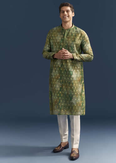 Green Silk Printed Kurta Set For Men With Foil Butti Work
