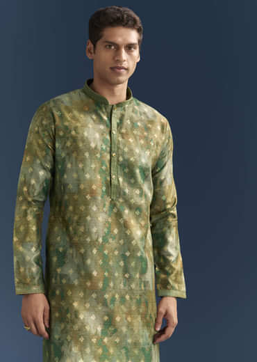 Green Silk Printed Kurta Set For Men With Foil Butti Work