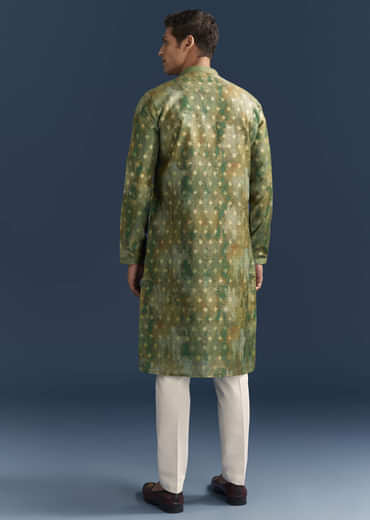 Green Silk Printed Kurta Set For Men With Foil Butti Work