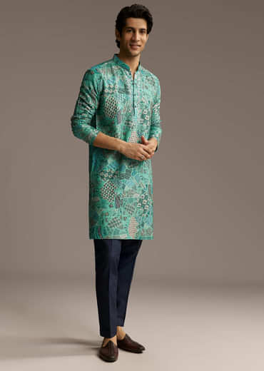 Green Silk Printed Kurta Set For Men With Mirror Work