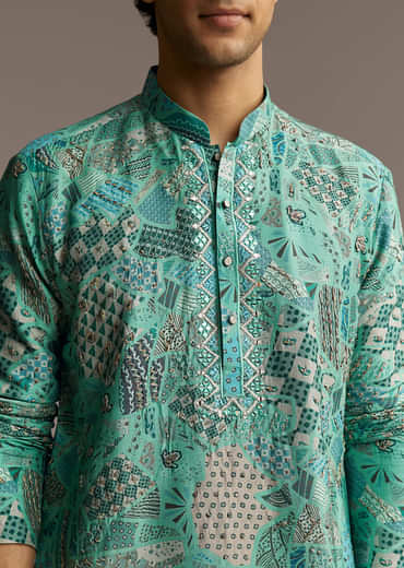 Green Silk Printed Kurta Set For Men With Mirror Work