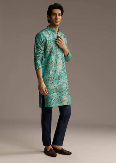 Green Silk Printed Kurta Set For Men With Mirror Work
