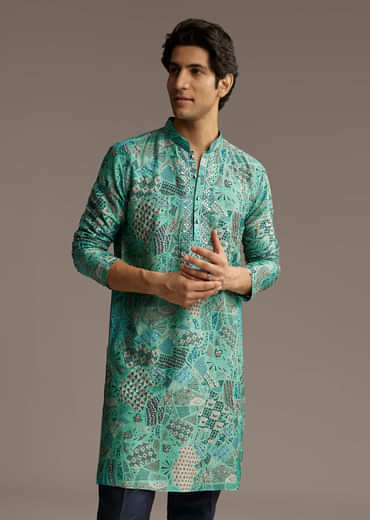 Green Silk Printed Kurta Set For Men With Mirror Work