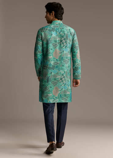 Green Silk Printed Kurta Set For Men With Mirror Work