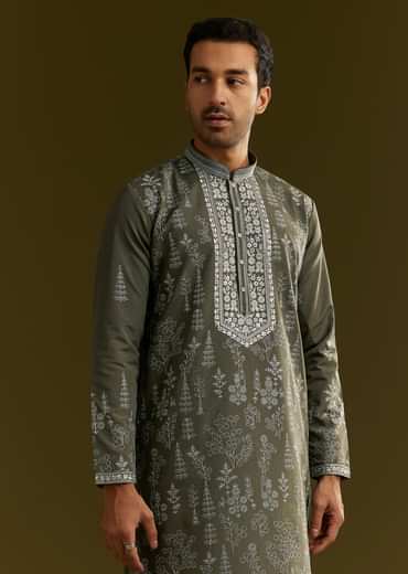 Green Silk Printed Kurta Set With Floral Vine Motif