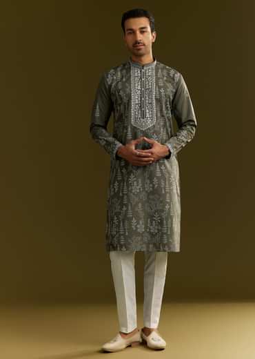 Green Silk Printed Kurta Set With Floral Vine Motif