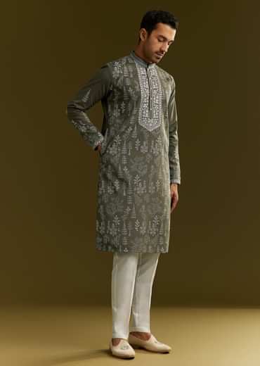Green Silk Printed Kurta Set With Floral Vine Motif