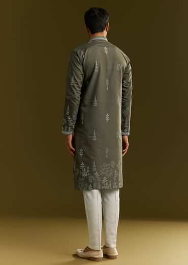 Green Silk Printed Kurta Set With Floral Vine Motif