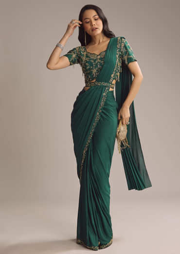 Green Silk Ready Pleated Saree With Cutdana Work