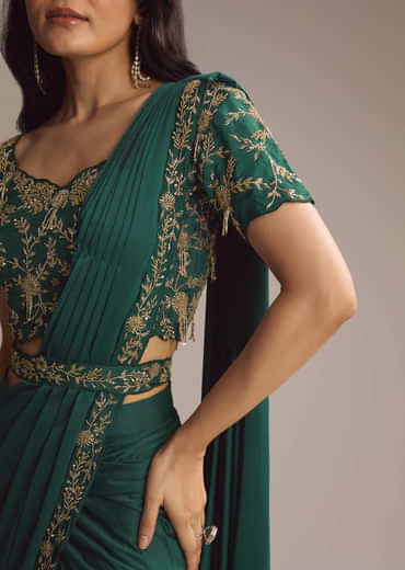 Green Silk Ready Pleated Saree With Cutdana Work