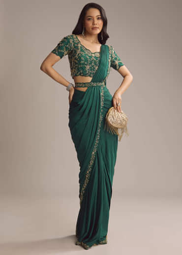 Green Silk Ready Pleated Saree With Cutdana Work