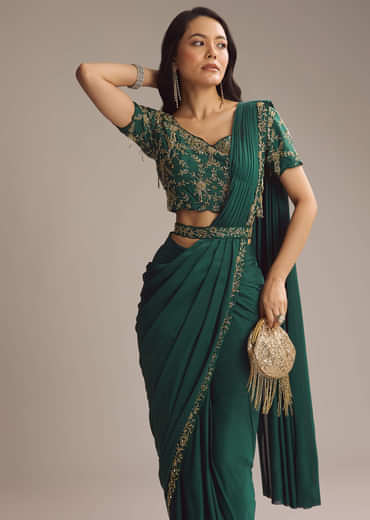 Green Silk Ready Pleated Saree With Cutdana Work
