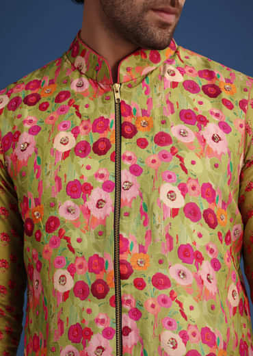 Green Silk Surreal Printed Kurta Jacket Set