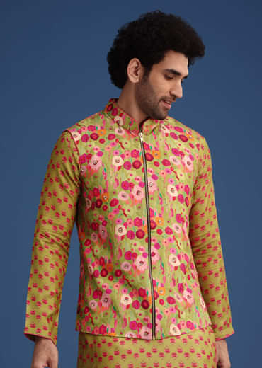 Green Silk Surreal Printed Kurta Jacket Set