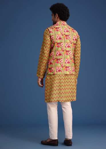 Green Silk Surreal Printed Kurta Jacket Set