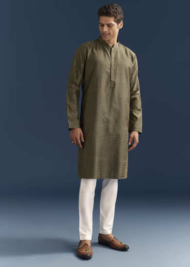 Green Silk Textured Kurta Set For Men With Embroidery