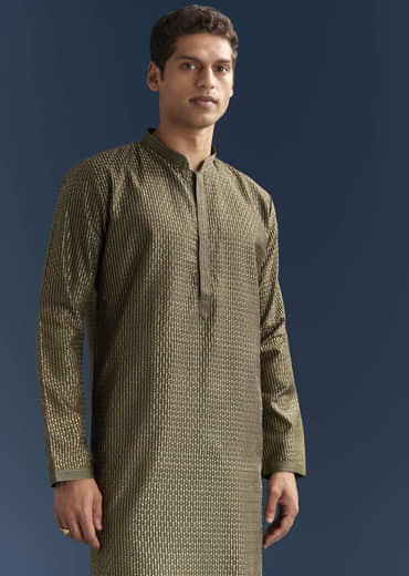 Green Silk Textured Kurta Set For Men With Embroidery