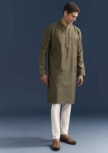 Green Silk Textured Kurta Set For Men With Embroidery