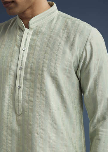 Green Textured Jacquard Kurta Set For Men