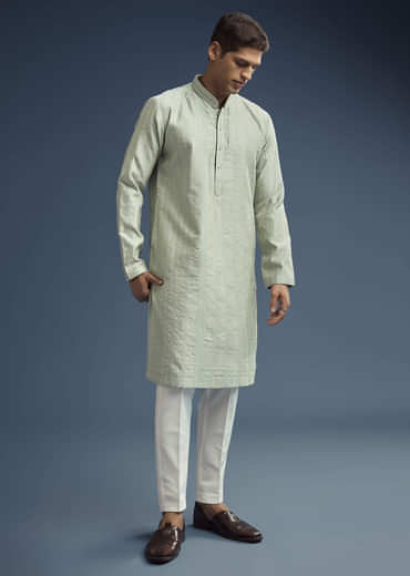Green Textured Jacquard Kurta Set For Men
