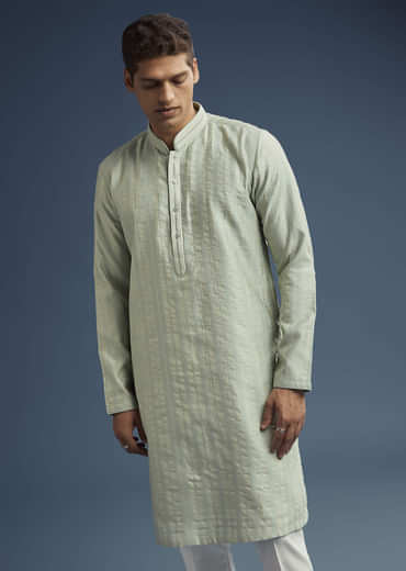 Green Textured Jacquard Kurta Set For Men